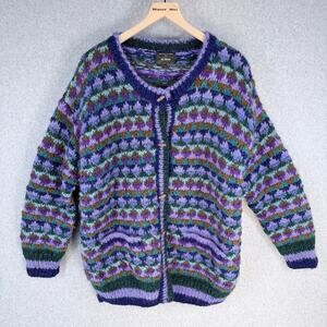 Lost Horizons Cardigan Wool Boho Sweater Purple Green XL Handmade Nepal VTG
